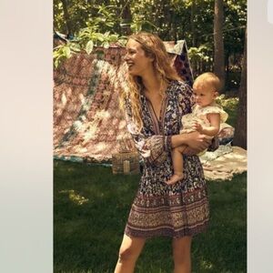 Anthropologie Alyce Mini Dress New L $148 Pleated Floral Brown Long Sleeve